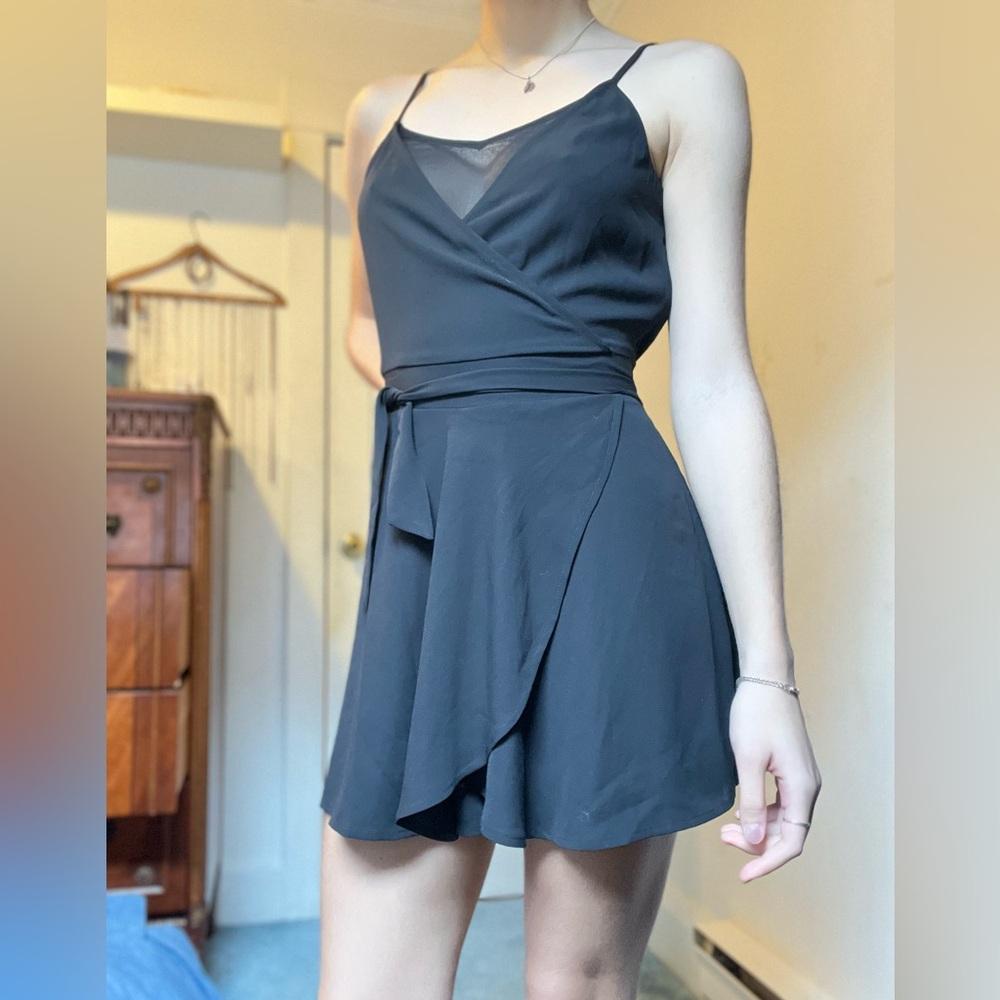 Elegant Black romper spaghetti strap tie waist wrap effect sheer size 2